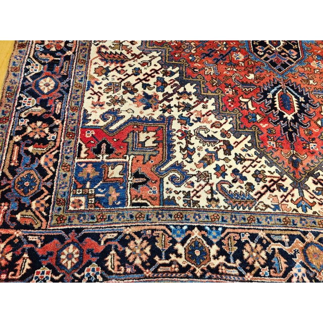 Red Vintage Persian Heriz Rug, Hand-Knotted Wool, Geometric Medallion Pattern, Brick-Red & Navy, 8x11 For Sale - Image 8 of 12