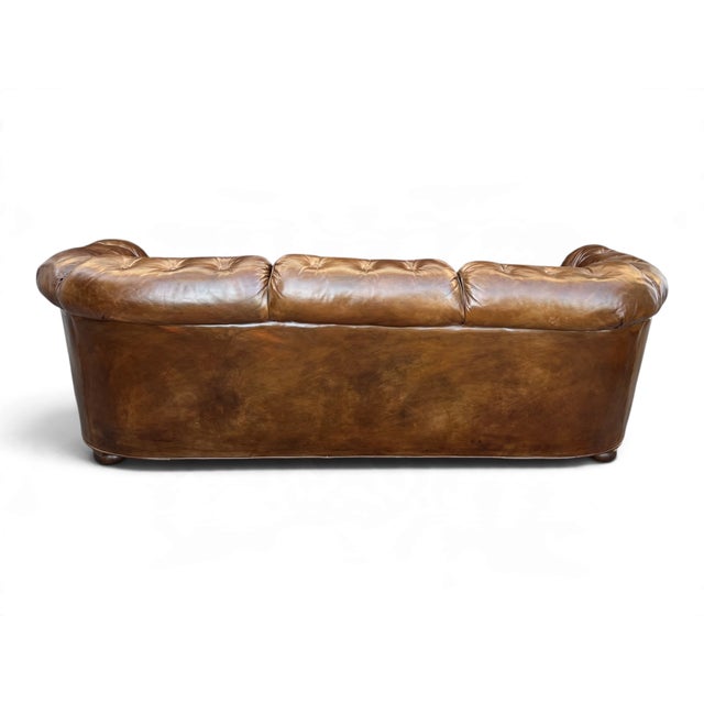 Wood Vintage Chesterfield-Style Cognac Brown Leather Sofa With Button Tufting and Rolled Arms For Sale - Image 7 of 14