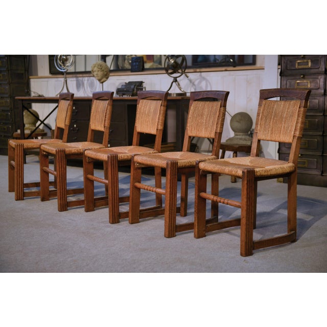 Oak and Rush Chairs in the style of Charles Dudouyt, 1950s, Set of 5 For Sale - Image 9 of 18