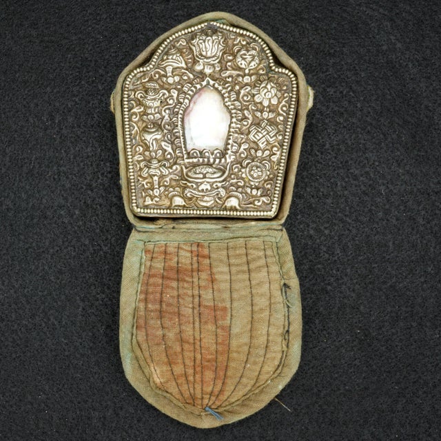 Chinese Early 20th C Tibetan Silver Gau Traveling Shrine Box With Fabric Case For Sale - Image 3 of 9