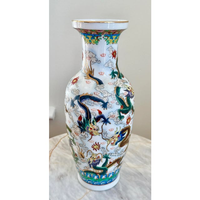 Chinoiserie Vintage Hand Painted Chinese Porcelain Dragon Vase For Sale - Image 3 of 13