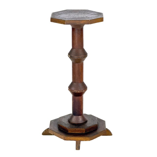 Antique c.1890 Victorian/Edwardian era pedestal plant stand featuring repurposed oversized wooden thread spools as...