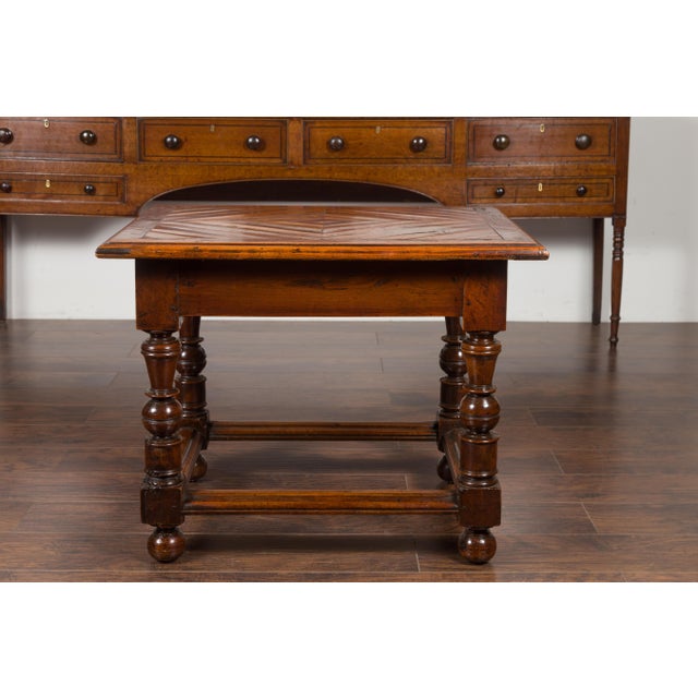 English 1850s Walnut Parquet Top Table with Single Drawer and Turned Legs For Sale - Image 11 of 12