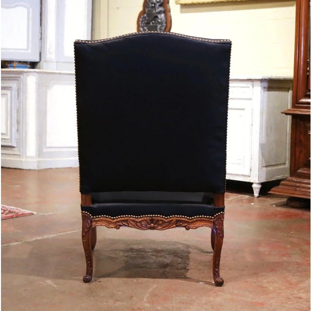 Wood 19th Century French Louis XV Carved Walnut Armchair With Black Leather For Sale - Image 7 of 8