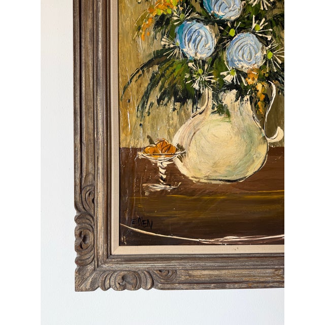 Dark Green 1970s Etta Benjamin Cien (American, 1924-2009) Impressionist Heavy Impasto Floral Still Life Oil on Masonite Painting, Framed For Sale - Image 8 of 12