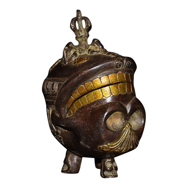 Vintage Tibetan Buddhist Copper Skull Censer – Vajra Finial, Tripod Base For Sale