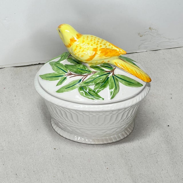 Italian hand painted ceramic basket trinket box with bird finial lid. Measures 5.5” w x 5” d x 5.5” h. Bookcases or...