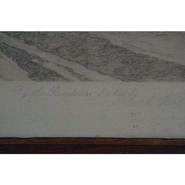 Gray Late 19th Century Antique Ernest C Rost by the Roadside Landscape Etching Oak Frame 26" For Sale - Image 8 of 10