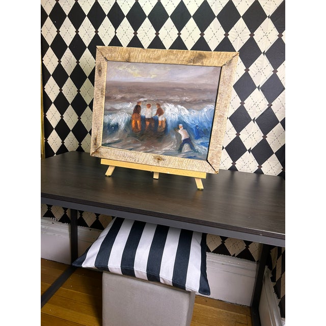 1990s Original Coastal Figural Seascape Oil Painting in Rustic Wood Frame, 18" For Sale - Image 9 of 16