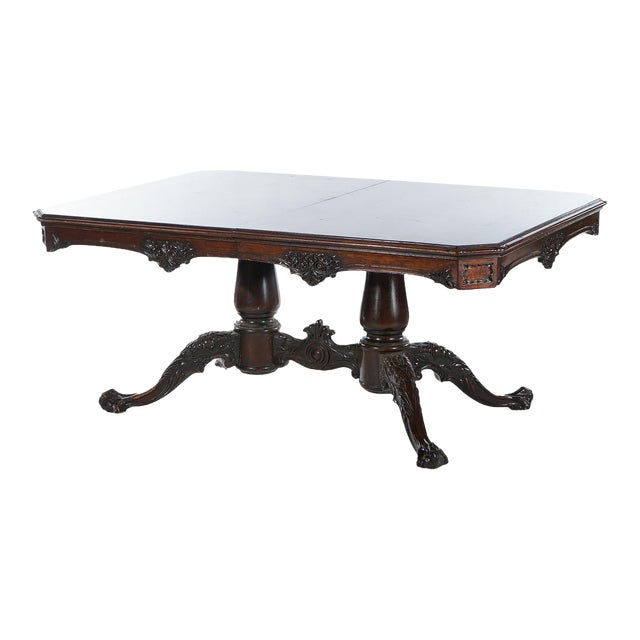 Antique Chippendale Carved Mahogany Double Pedestal Dining Table Circa 1930 For Sale