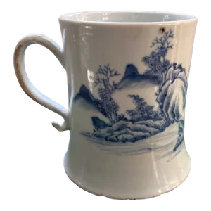 Antique 18th Century Chinese Kangxi Blue & White Export Porcelain Tankard Mug With Rocky Landscape