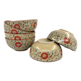 Asian Modern Bat Trang Vietnamese Ceramic Soup Bowls With Hand Painted Red Blue Floral Motif - Set of 6 For Sale