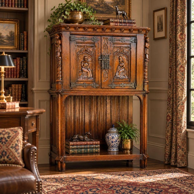 Late 19th Century Antique Flemish-Style Gothic Revival Carved Oak Pass-Through Credence Cabinet, C. 1900. For Sale - Image 5 of 16