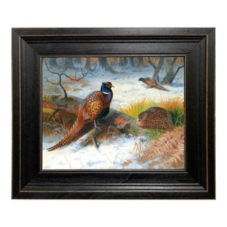 Pheasants in the Snow 8x10" Framed Oil Painting Print on Canvas For Sale
