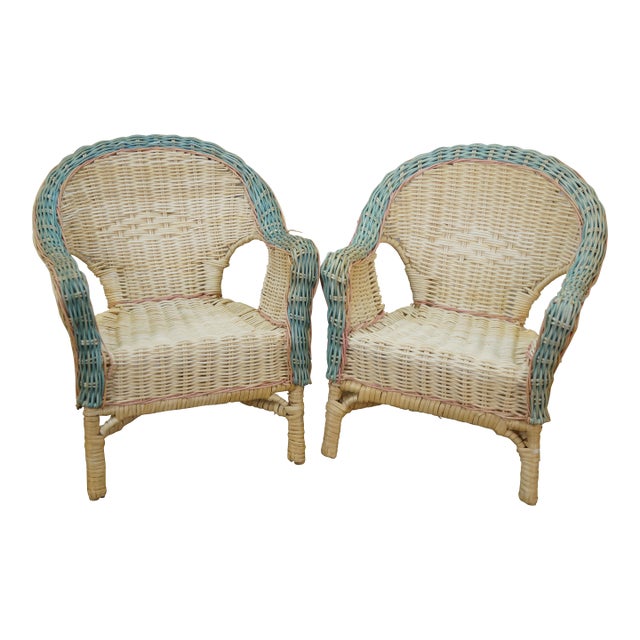 2 Vintage Wicker Doll Sized Salesman Sample Wicker Rattan Arm Chairs 12" For Sale