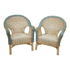 2 Vintage Wicker Doll Sized Salesman Sample Wicker Rattan Arm Chairs 12"
