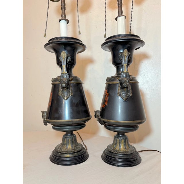 Antique Egyptian Revival Figural Bronze Marble Urn Ewer Table Lamps - a Pair For Sale In New York - Image 6 of 18
