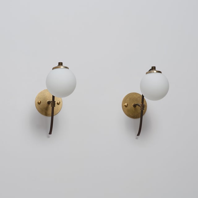 1950s Vintage Italian Brass and Opaline Globe Sconces, 1950s, Set of 2 For Sale - Image 5 of 12