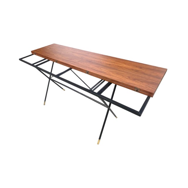 Vintage Rare Mid Century Modern X-Base Wrought Iron Walnut Flip Top Walnut Dining Table / Console / Desk Restored Brass For Sale - Image 9 of 12