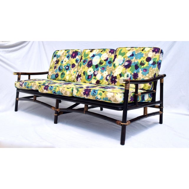 John Wisner Ficks Reed Far Horizons Rattan Sofa in Jack Lenor Larsen Upholstery For Sale - Image 11 of 11