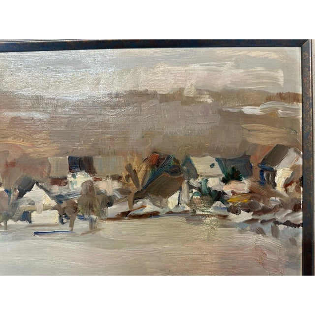 Unknown, Winter Landscape Village Snow, 1994, Oil on Cardboard For Sale - Image 4 of 13