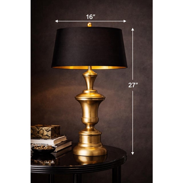 Gothic Vintage Sunlit Brass Baluster Table Lamp With Black & Gold Lined Drum Shade — 27” H For Sale - Image 3 of 5