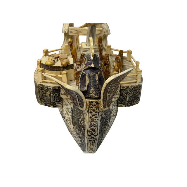 Vintage Asian Cream Bone Inset Treasure Ship Display Art Figure For Sale - Image 16 of 16