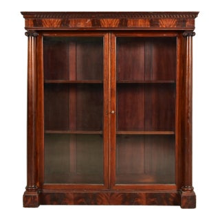 R. J. Horner Style American Empire Flame Mahogany Glass Front Double Bookcase, Circa 1880s For Sale