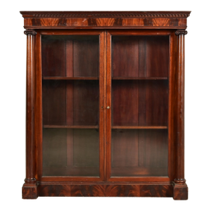 R. J. Horner Style American Empire Flame Mahogany Glass Front Double Bookcase, Circa 1880s
