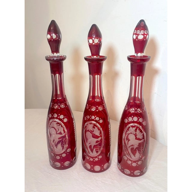 1920s 1920s Set 3 Antique Cut to Clear Czech Bohemian Crystal Glass Liquor Decanter Bottle For Sale - Image 5 of 15
