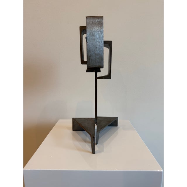 Gray Abstract Steel Sculpture, Postmodern, 1975, Hard Lines, Signed For Sale - Image 8 of 12