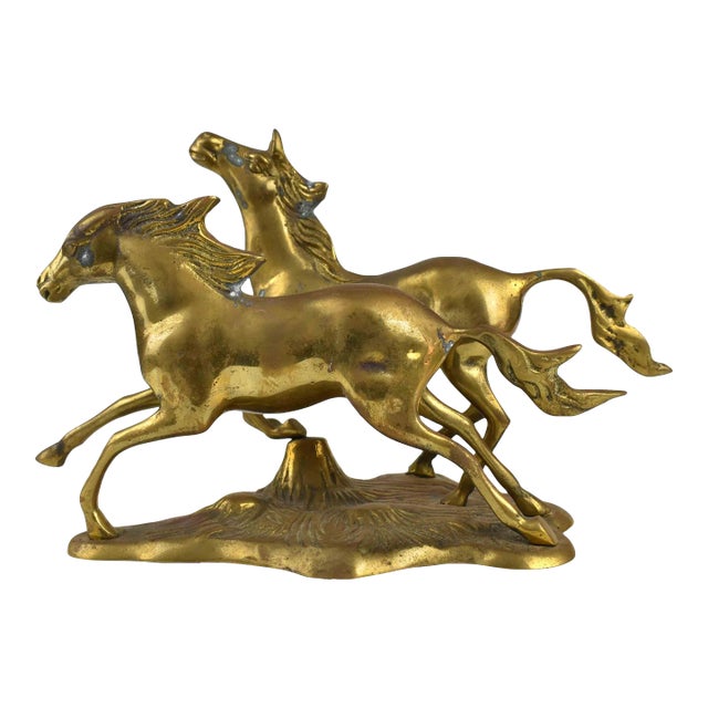Vintage Solid Gold Brass Running Wild Horses Equestrian Décor Figurine Model For Sale