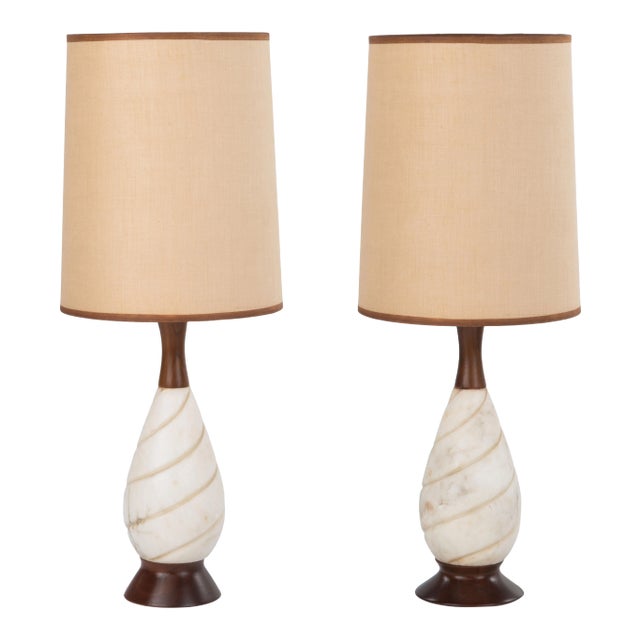 Mid Century Marble Walnut Lamps Italy - a Pair For Sale