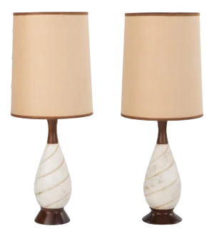 Mid Century Marble Walnut Lamps Italy - a Pair