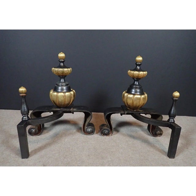 Metal Pair of 19th-Century French Neoclassical Black and Gilt Chenets / Andirons For Sale - Image 7 of 9