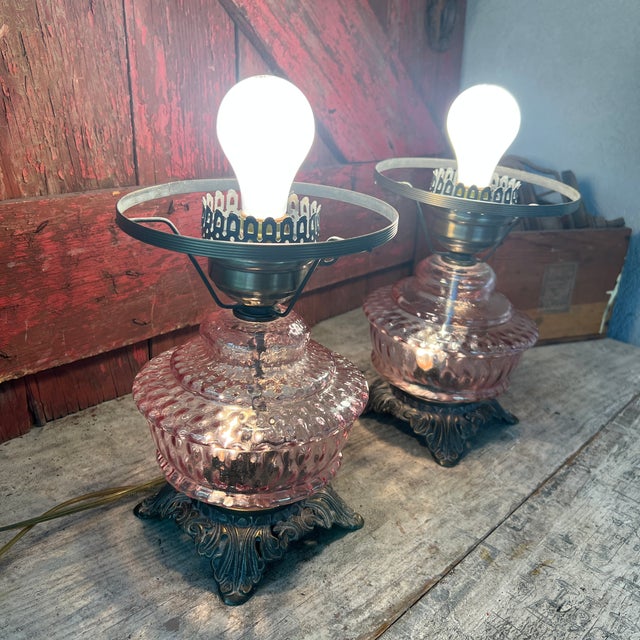 Pair of Vintage Pink Glass Hobnail Electric Lamps With Ornate Metal Bases - 10" High For Sale - Image 11 of 15
