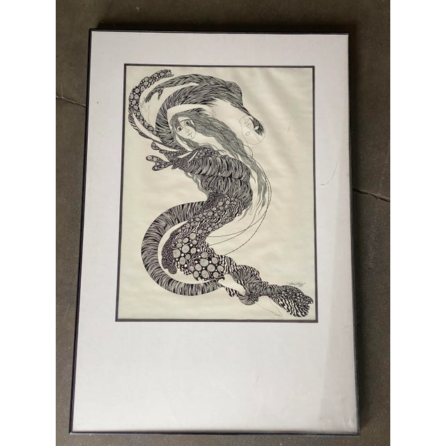 Hand-Inked Surrealist artwork drawing Signed Ken Kreel 1989. The piece depicts an abstract image of a ghostly woman being...