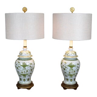 Vintage Chinese Porcelain Hand Painted Artichoke Table Lamps Ginger Jars, Pair For Sale