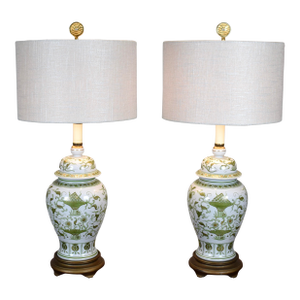 Vintage Chinese Porcelain Hand Painted Artichoke Table Lamps Ginger Jars, Pair