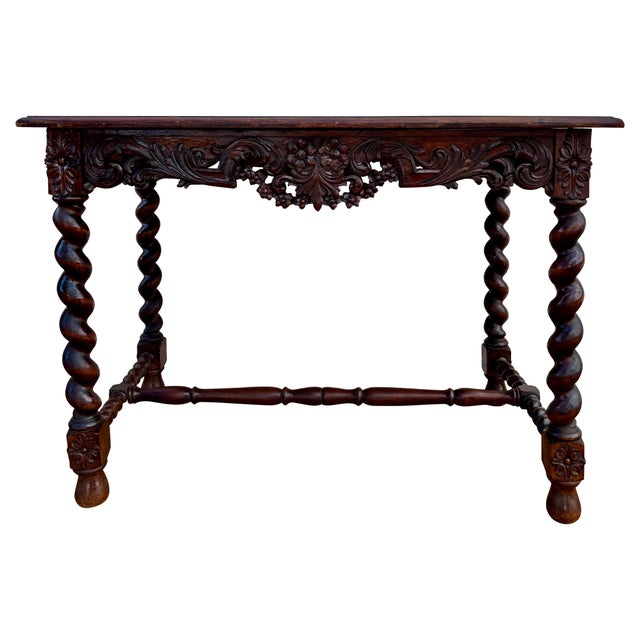 19th Century French Louis XIV Breton Carved Oak Sofa Table Desk, 1890s For Sale - Image 4 of 11