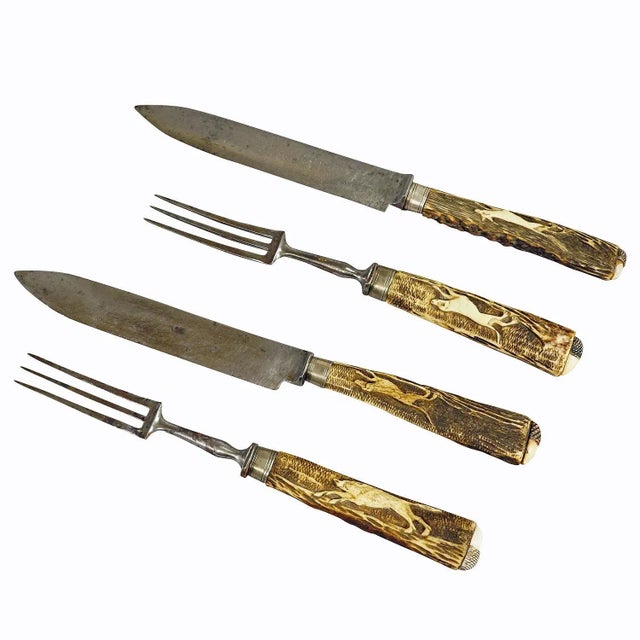 Brown Antique Set of Rustic Hunters Cutlery With Carved Deer Horn Handles- 4 Pieces For Sale - Image 8 of 8