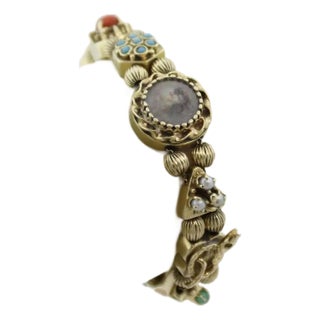 59323 Vintage Multi-Color Gems 14k Yellow Gold 10 Assorted Charms Slide Bracelet For Sale