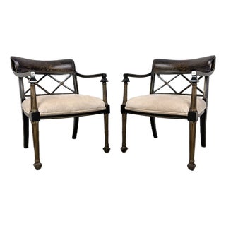Late 20th Century Pair of Regency-Style Chinoiserie Ebonized Armchairs With Hand-Painted Scenic Decoration, Upholstered in Kravet Versailles Velvet For Sale