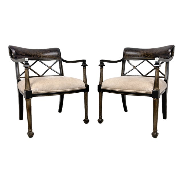 Late 20th Century Pair of Regency-Style Chinoiserie Ebonized Armchairs With Hand-Painted Scenic Decoration, Upholstered in Kravet Versailles Velvet For Sale