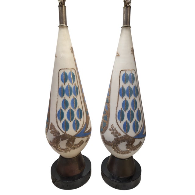 Mid-Century Modern Pair of 1960s Gilded Peacock Glass Table Lamps For Sale - Image 3 of 5