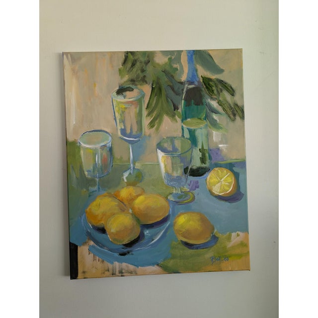 Still life of Lemons and wine bottle abstract limited palette of colors of yellow and blue 24x30" oil on canvas, living...