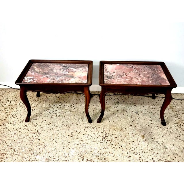 1900 - 1909 Vintage Louis XV Pink Variegated Marble-Top Coffee Tables - A Pair For Sale - Image 5 of 13
