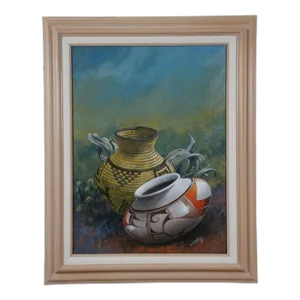 Vintage Daniel Yazzie Navajo Southwestern Still Life Painting Oil on Canvas 30"