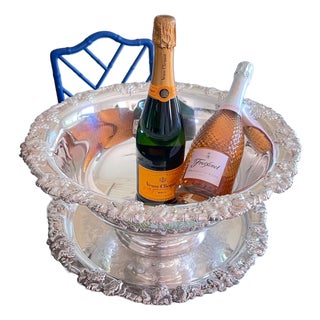 Gorham "Newport" silverplate punch bowl, tray and ladle with embossed design and grapevine rim // huge champagne bucket // wedding decor For Sale