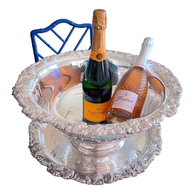 Gorham "Newport" silverplate punch bowl, tray and ladle with embossed design and grapevine rim // huge champagne bucket // wedding decor For Sale